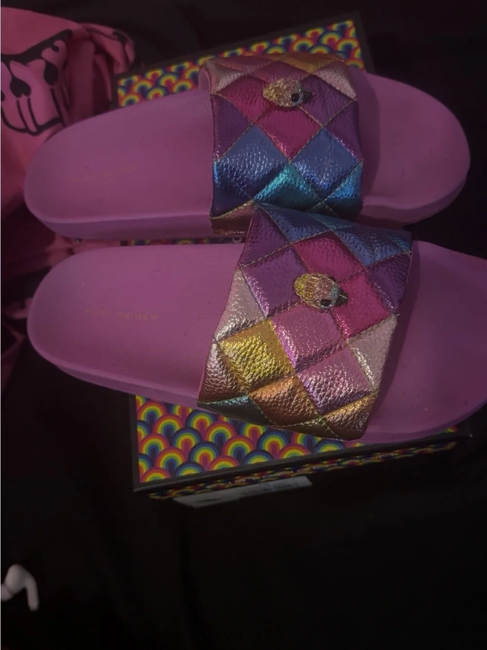 Kurt Geiger Pink Quilted Multicolor Slide Sandals